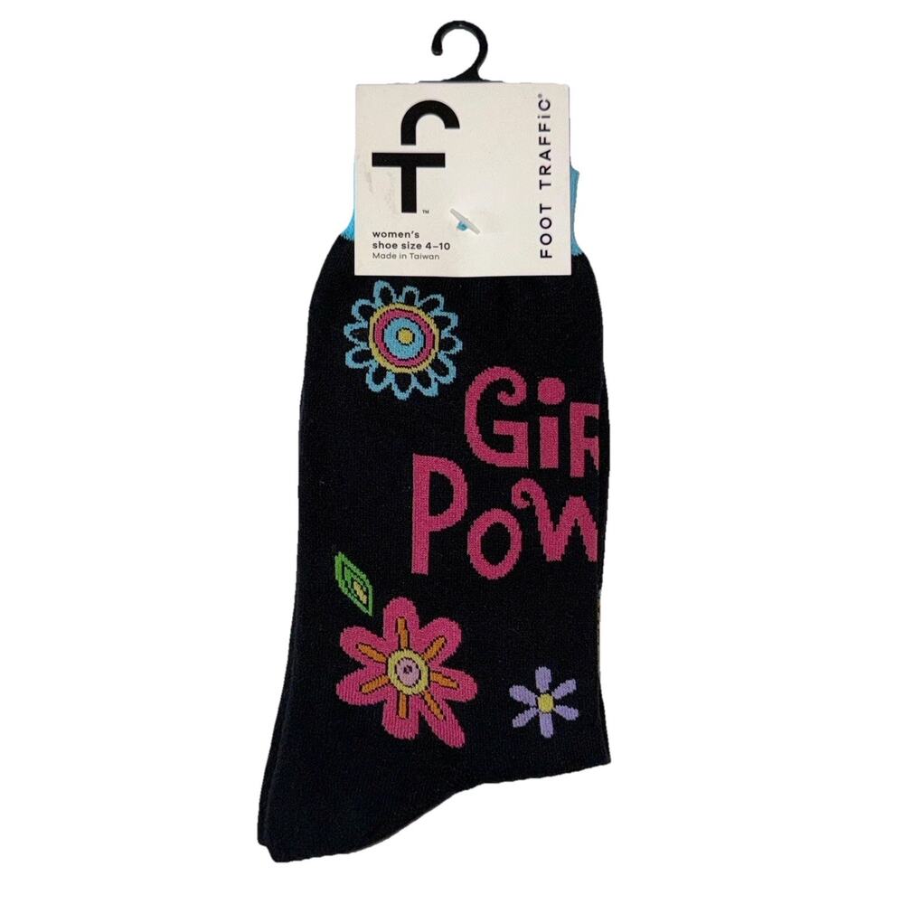 Foot Traffic Women's Girl Power Flower Print Black Pink Crew Socks Sz 4-10 NWT